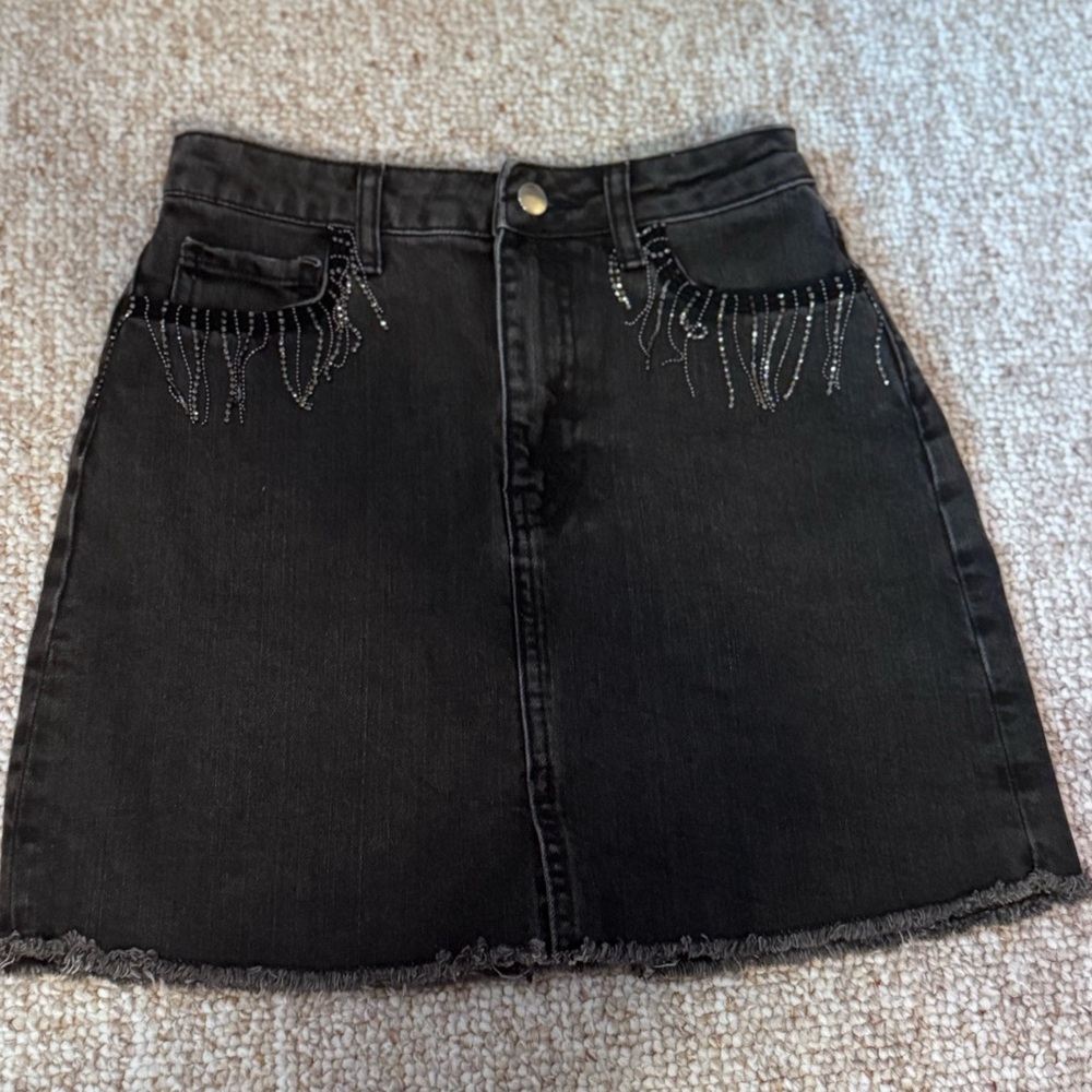 Black Denim Skirt with Fringe XS